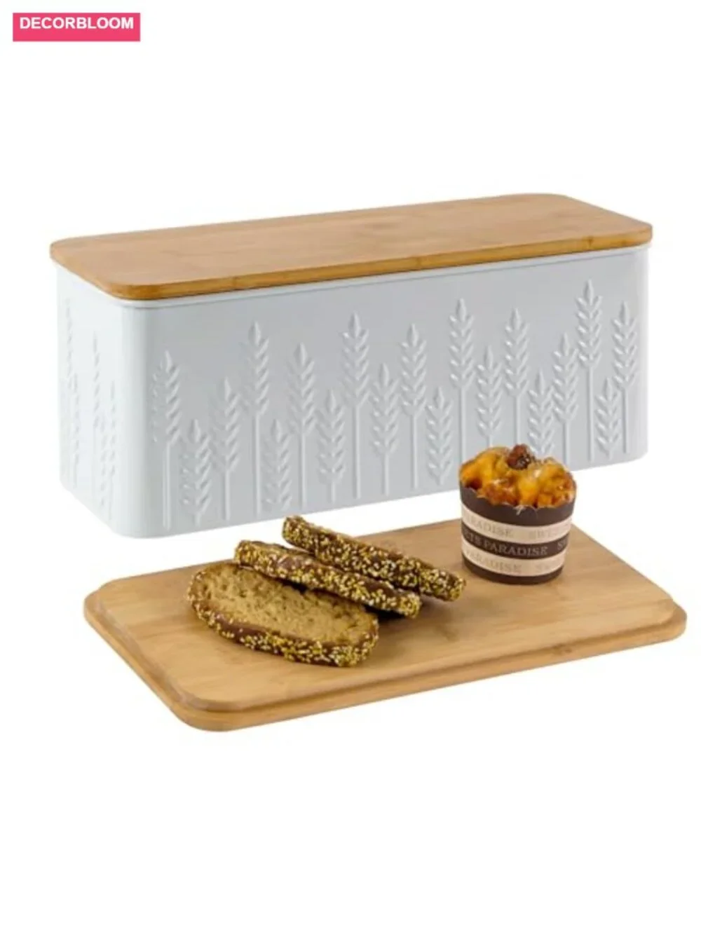 White Ear of Wheat Embossed Bread Box with Bamboo Lid